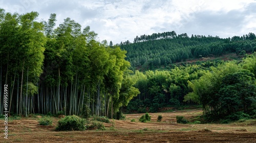 Lush Green Bamboo Forest Surrounded by Rolling Hills and Sky
