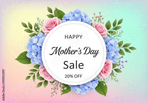Happy mothers day sale with flowers and leaves on colorful background