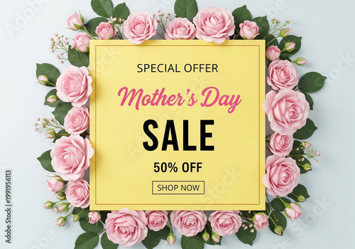 Mothers day sale advertisement with pink roses and green leaves on light blue background