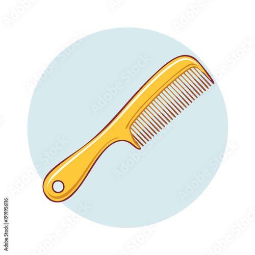 Yellow plastic hair comb with handle against light blue circle background