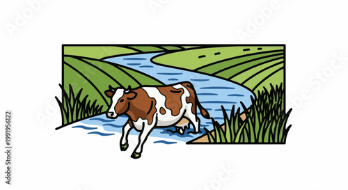 A brown and white cow wades through a shallow blue river, with green fields beyond