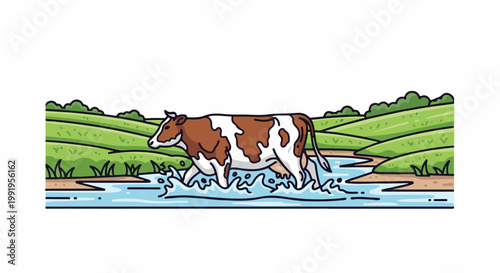 A brown and white cow walks through a stream in a grassy landscape