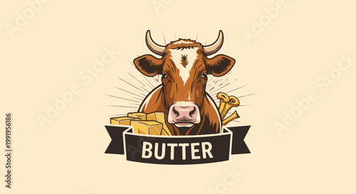 A brown and white cow with horns, surrounded by butter blocks and radiating lines