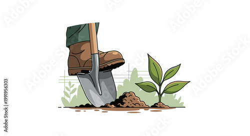A boot presses a shovel into soil next to a young plant