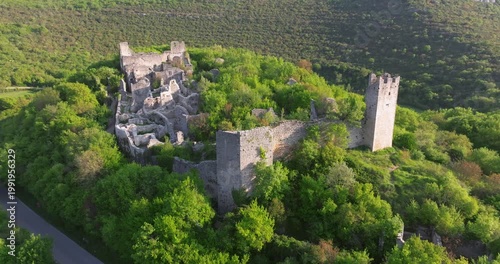 Aerial view of Dvigrad medieval castle ruins in Istria, Croatia