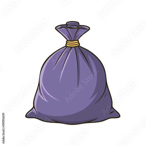 A single purple garbage bag tied shut with a yellow string, presented as an illustration
