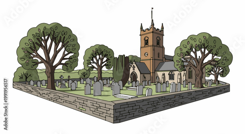 A cartoonish isometric view of a churchyard with tombstones and trees