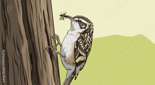A brown creeper bird clings to a tree trunk with prey in its beak