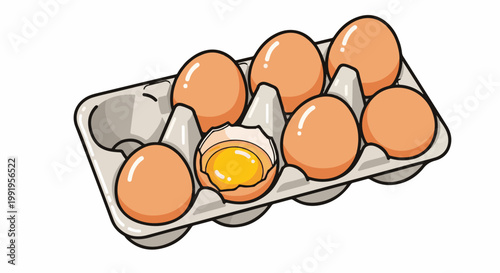 A carton holds six brown eggs, one of which is cracked, revealing a vibrant yolk