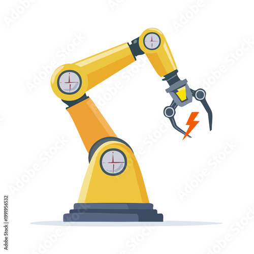 雷マークとロボットアームのフラットイラスト（電力・エネルギー）