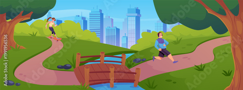 City park with river and wooden bridge and sport athlete characters, vector flat street workout at summer day cityscape