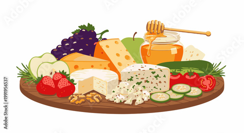 A bountiful cheese board brimming with assorted cheeses, fresh fruits, vegetables, nuts, and drizzled honey