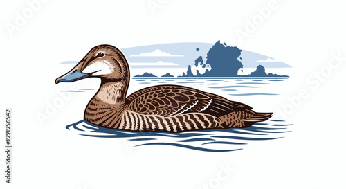 A brown duck glides across a blue body of water, with a distant coastline and sky behind