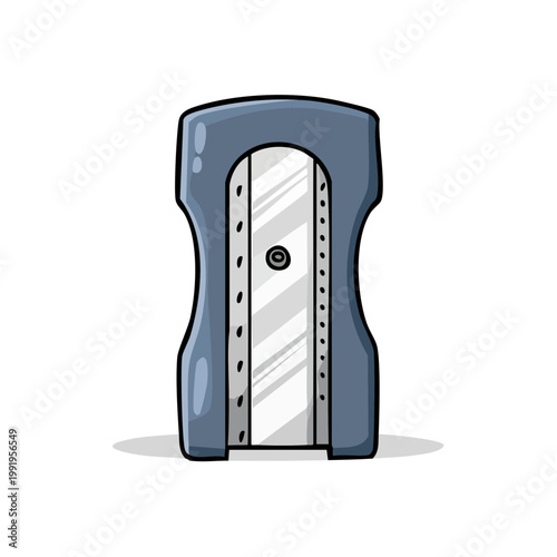 Cartoon illustration of a blue manual pencil sharpener with a metallic blade