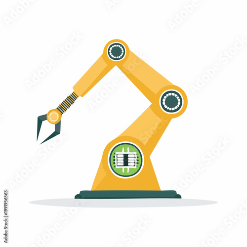 マイクロチップとロボットアームのフラットイラスト（半導体・AI）