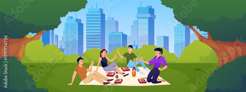Picnic on green lawn of the City Park, people eat Asian fast food with chopsticks vector flat illustration, public area