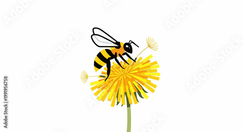 A cartoon bee gathers nectar from a bright yellow dandelion flower with fluffy seed heads