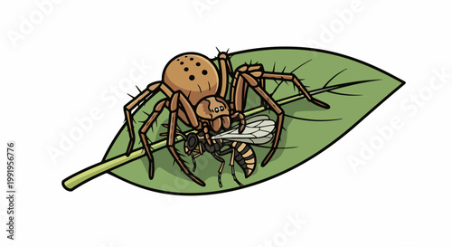 A brown spider captures a striped insect on a green leaf