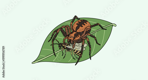 A brown spider with black markings captures a striped wasp on a green leaf