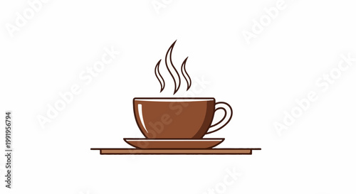 A brown steaming cup of coffee sits on a saucer atop a horizontal line
