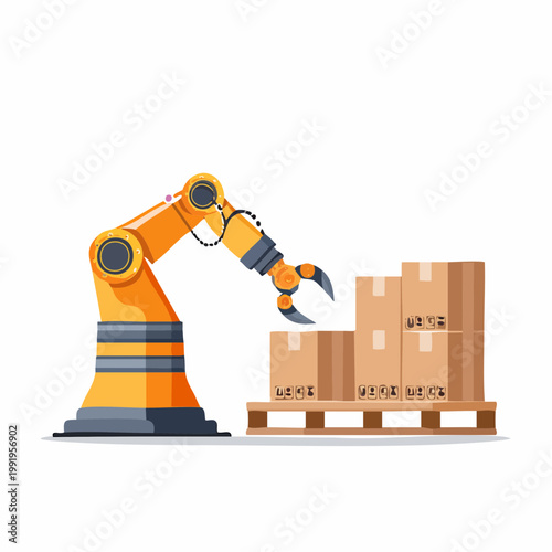 パレットから段ボールを降ろすロボットのフラットイラスト（物流DX）