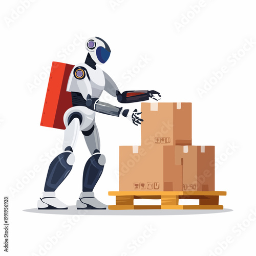 パレットから段ボールを降ろすロボットのフラットイラスト（物流DX）