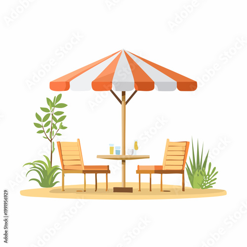 日よけ付きの休憩所のフラットイラスト（熱中症対策）