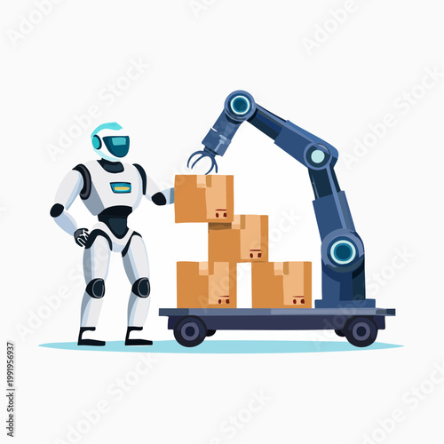 パレットから段ボールを降ろすロボットのフラットイラスト（物流DX）