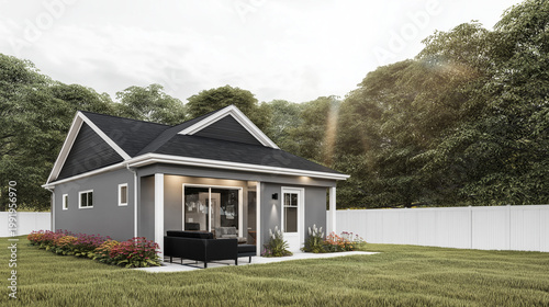 A modern gray house with a black roof and white trim in a serene natural setting