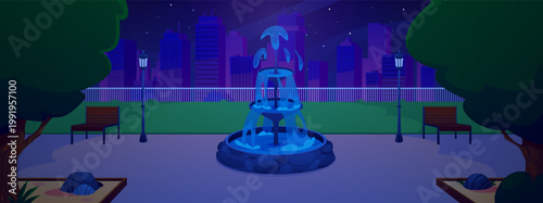 City Park with fountain at night, lawn with trees and cityscape with skyscraper dark background vector flat illustration
