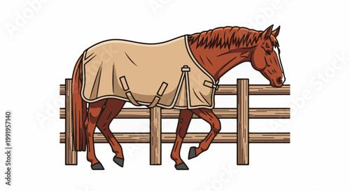 A brown horse wearing a light tan blanket walks behind a wooden fence