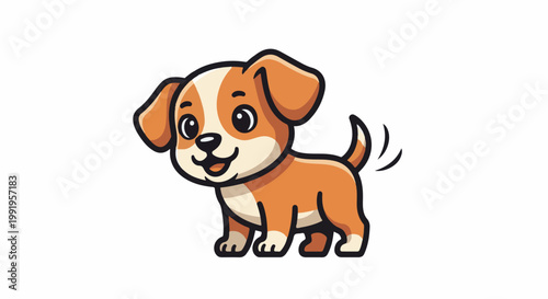 A cartoon brown and white puppy dog stands on a white background, wagging its tail happily