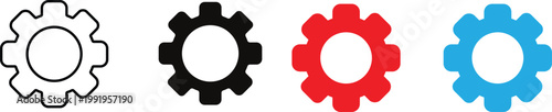 Gear settings icons set with outline solid black red blue cogwheel symbols for technology engineering isolated on transparent background.