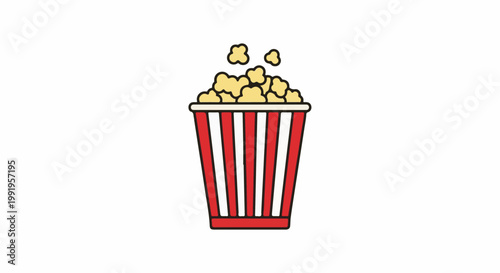 A cartoon bucket of popcorn with red and white stripes and popped kernels spilling over the top