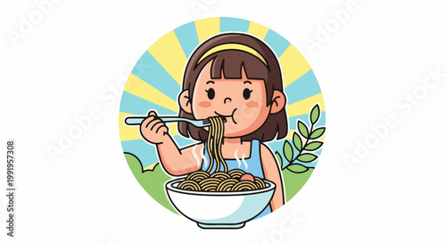 A cartoon child enjoys a meal of steaming spaghetti with a fork