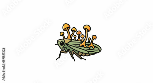 A cartoon cicada with orange-capped fungi growing on its back