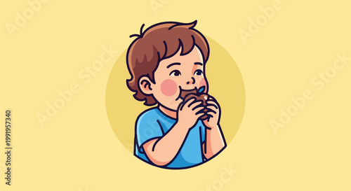 A cartoon child with brown hair, in a blue shirt, happily eating a chocolate dessert