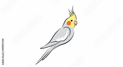 A cartoon cockatiel bird with a yellow crest, gray body, and orange cheek patches