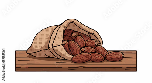 A burlap sack overflowing with dates rests on a wooden surface