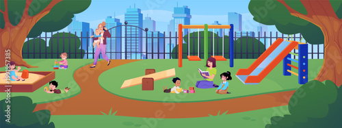 Children's playground with sandbox, slide, swing in city park vector flat illustration, summer activity zone with kids