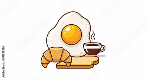 A cartoon-style breakfast spread featuring a fried egg, croissant, toast slice, and coffee cup with steam