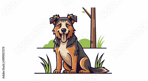 A cartoon dog with tan, black, and white fur sits happily in a grassy area beside a tree