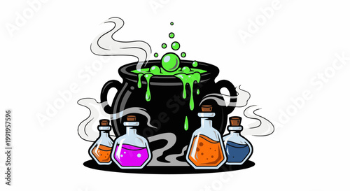 A bubbling cauldron with green goo spills over, surrounded by colorful potion bottles and wisps of smoke