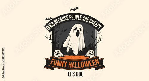 A cartoon ghost and two smaller ghosts are depicted with bats and spooky trees for a Halloween theme