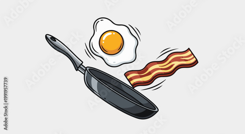 A cartoon frying pan with a fried egg and bacon strip floating