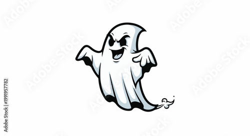 A cartoon ghost with wide eyes and a grin floats with its arms outstretched