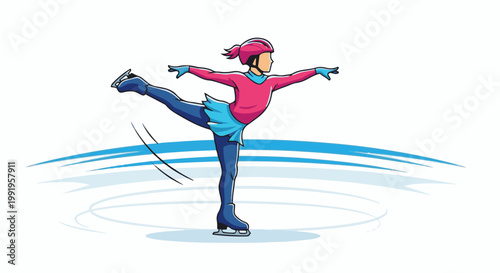 A cartoon ice skater in a pink top and blue skirt performs a graceful move on the ice