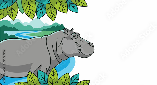 A cartoon hippo stands in water with lush foliage and rolling hills in the background