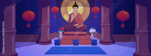 Buddha in meditation pose, Buddhist temple interior at night, worshiping altar, incense stick vector flat illustration
