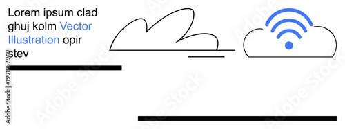 Cloud computing, wireless connectivity, network infrastructure, data sharing, internet technology, digital transformation. Minimal line art design a cloud and wireless symbol. Cloud computing